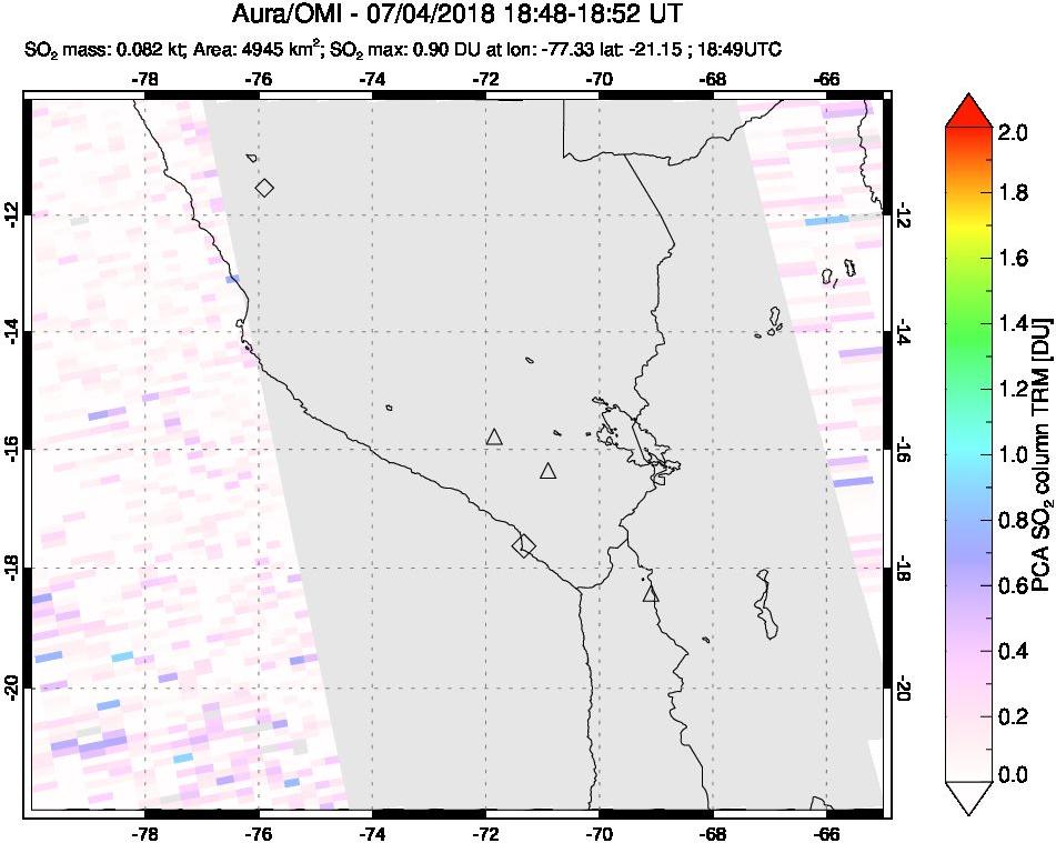 A sulfur dioxide image over Peru on Jul 04, 2018.