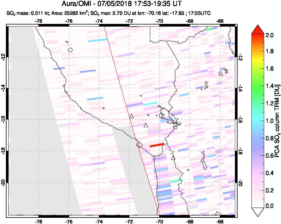 A sulfur dioxide image over Peru on Jul 05, 2018.