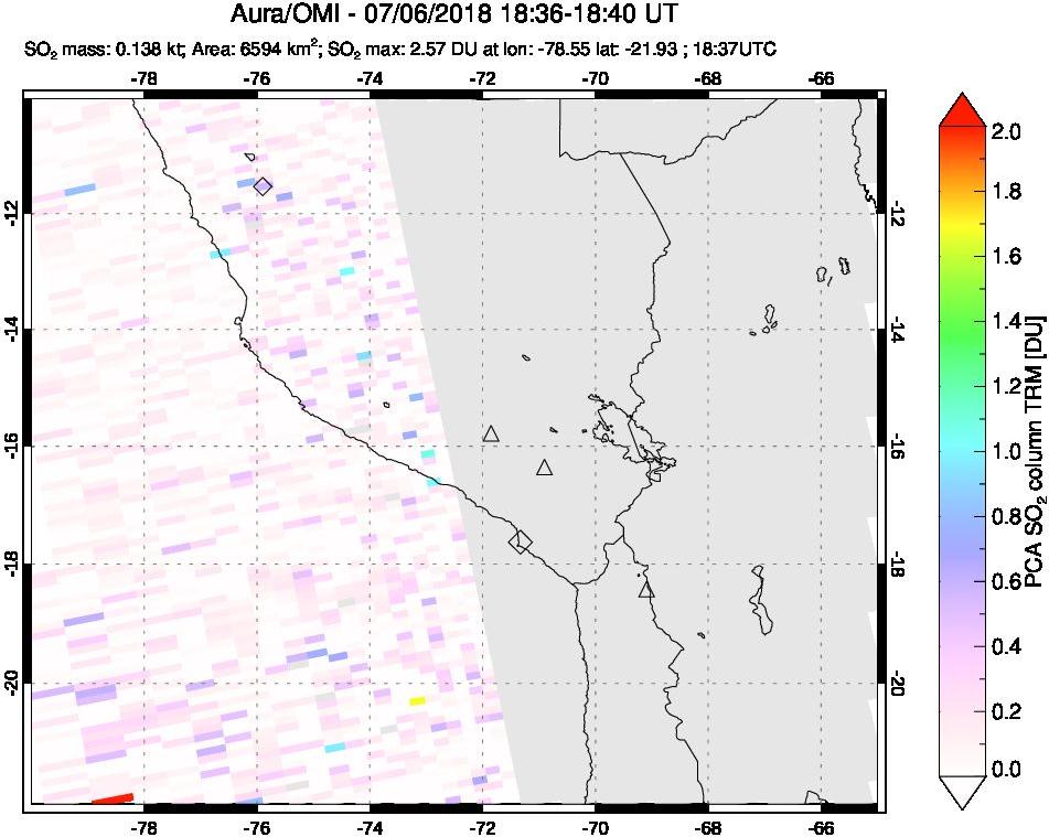 A sulfur dioxide image over Peru on Jul 06, 2018.
