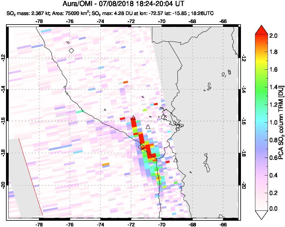 A sulfur dioxide image over Peru on Jul 08, 2018.