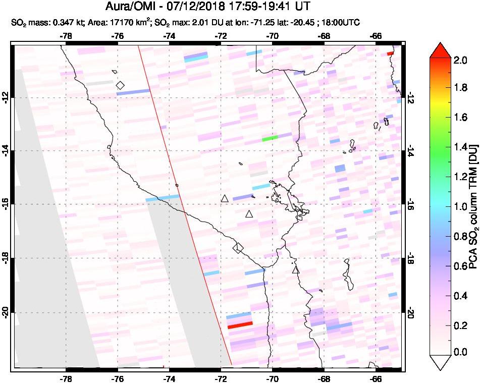 A sulfur dioxide image over Peru on Jul 12, 2018.