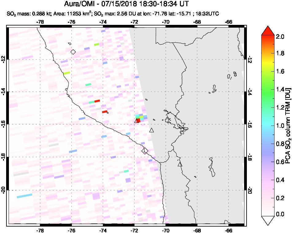 A sulfur dioxide image over Peru on Jul 15, 2018.