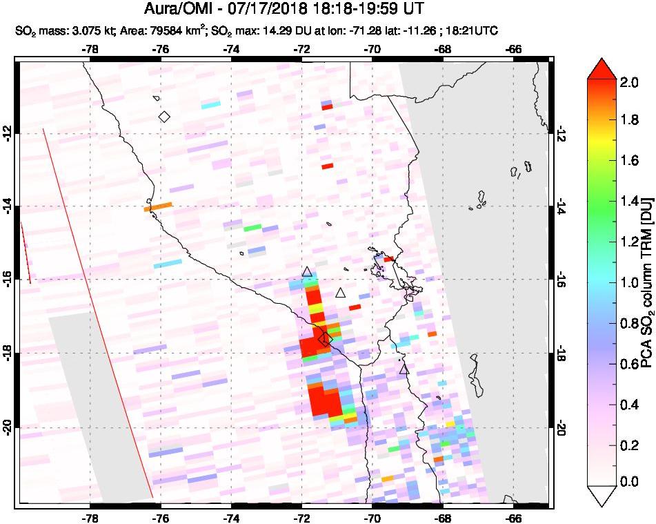 A sulfur dioxide image over Peru on Jul 17, 2018.