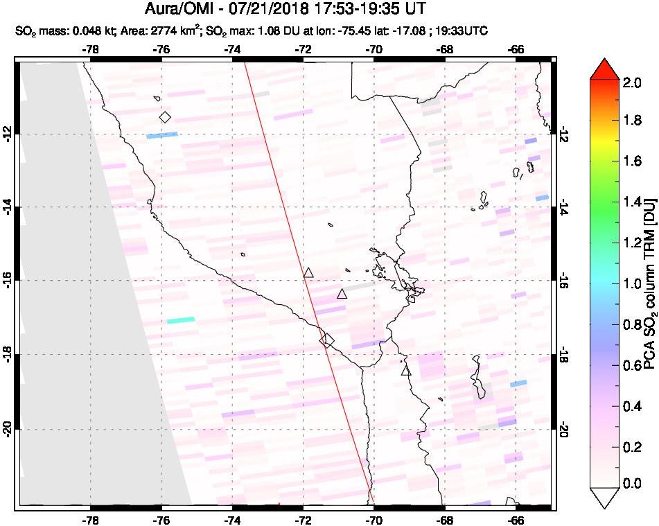 A sulfur dioxide image over Peru on Jul 21, 2018.