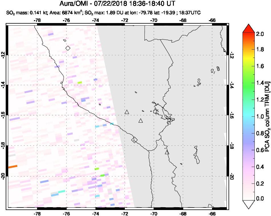 A sulfur dioxide image over Peru on Jul 22, 2018.