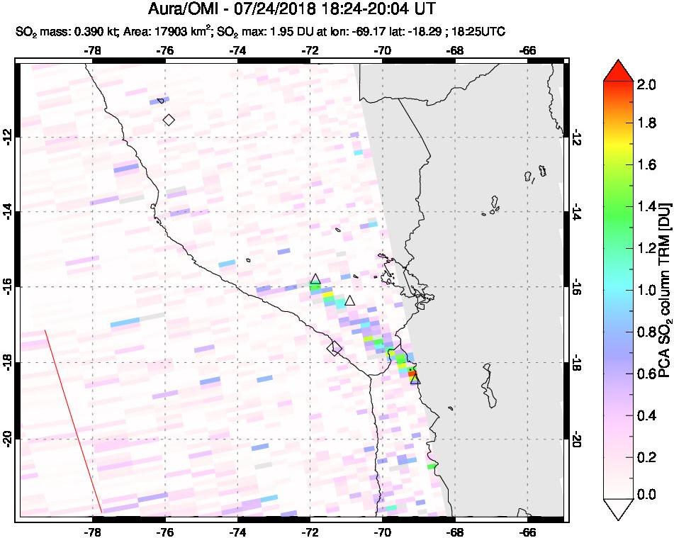 A sulfur dioxide image over Peru on Jul 24, 2018.