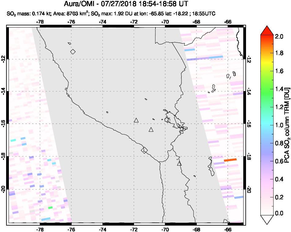 A sulfur dioxide image over Peru on Jul 27, 2018.