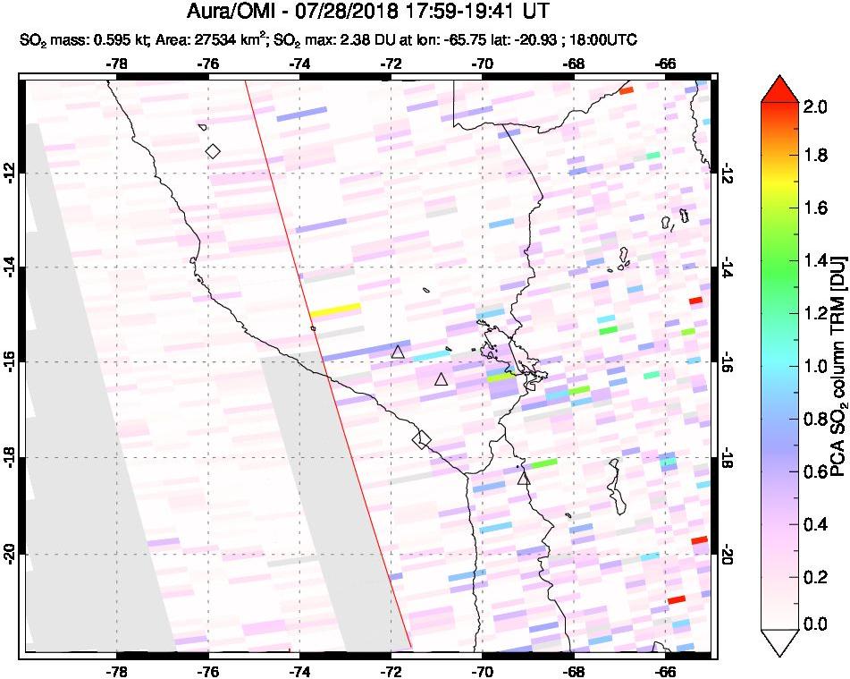 A sulfur dioxide image over Peru on Jul 28, 2018.