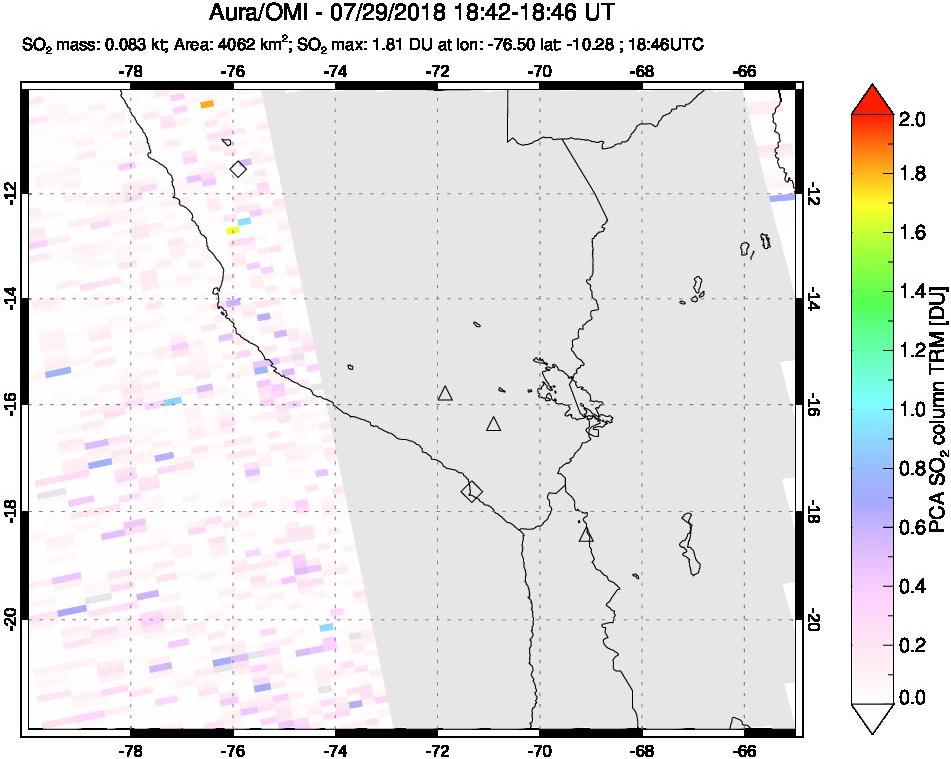 A sulfur dioxide image over Peru on Jul 29, 2018.