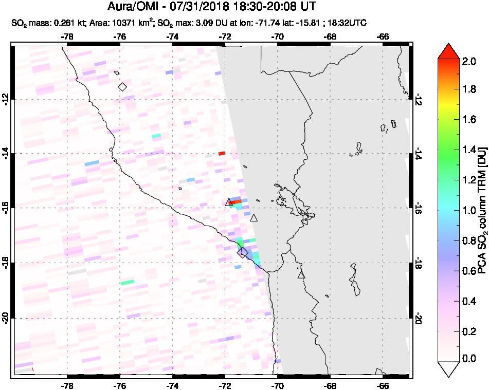 A sulfur dioxide image over Peru on Jul 31, 2018.