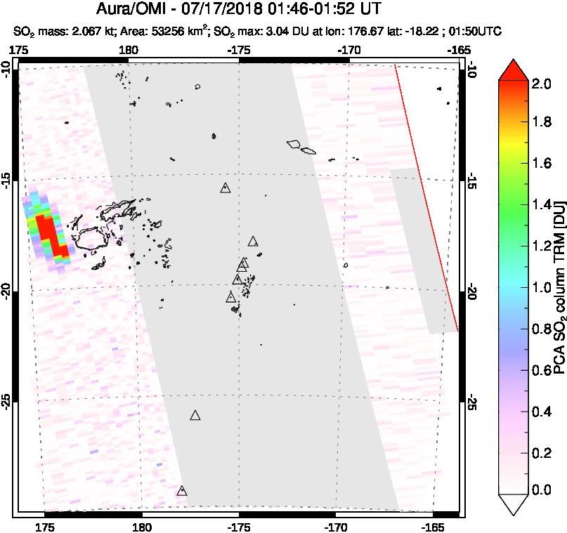 A sulfur dioxide image over Tonga, South Pacific on Jul 17, 2018.
