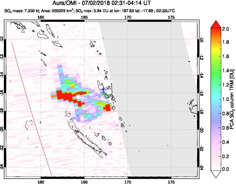 A sulfur dioxide image over Vanuatu, South Pacific on Jul 02, 2018.