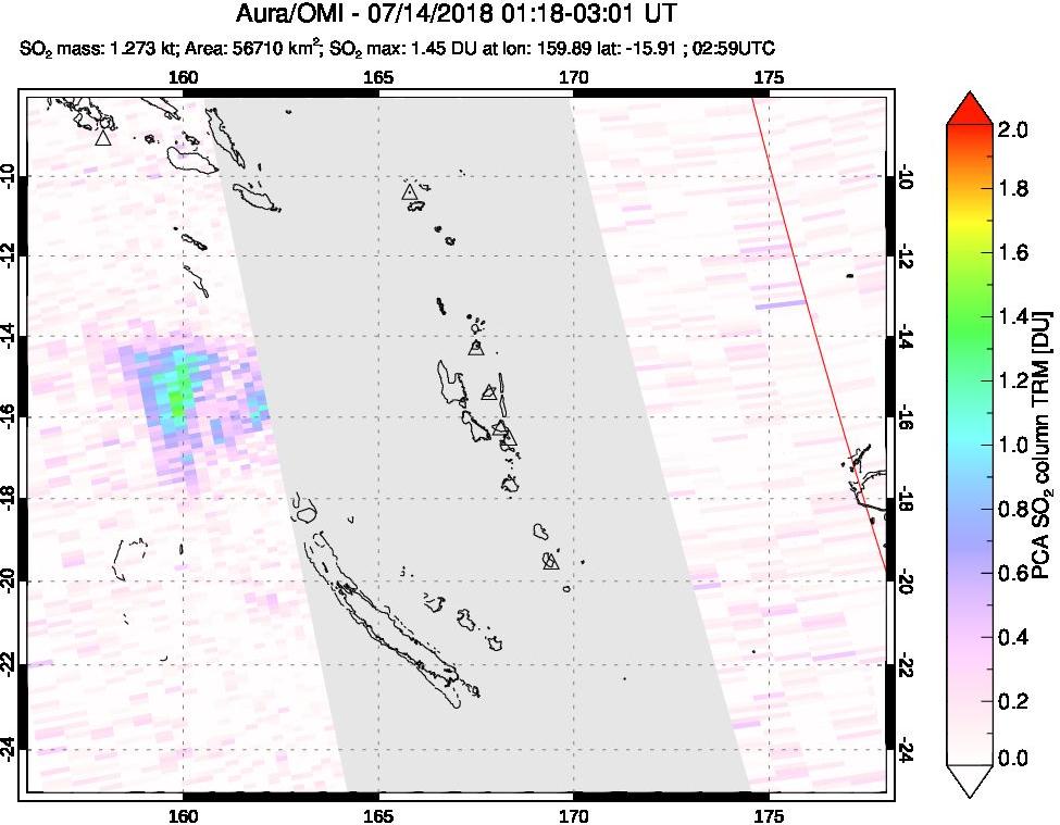 A sulfur dioxide image over Vanuatu, South Pacific on Jul 14, 2018.