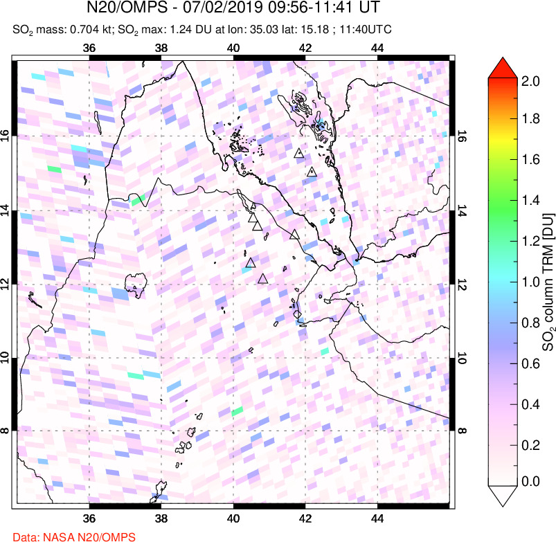 A sulfur dioxide image over Afar and southern Red Sea on Jul 02, 2019.