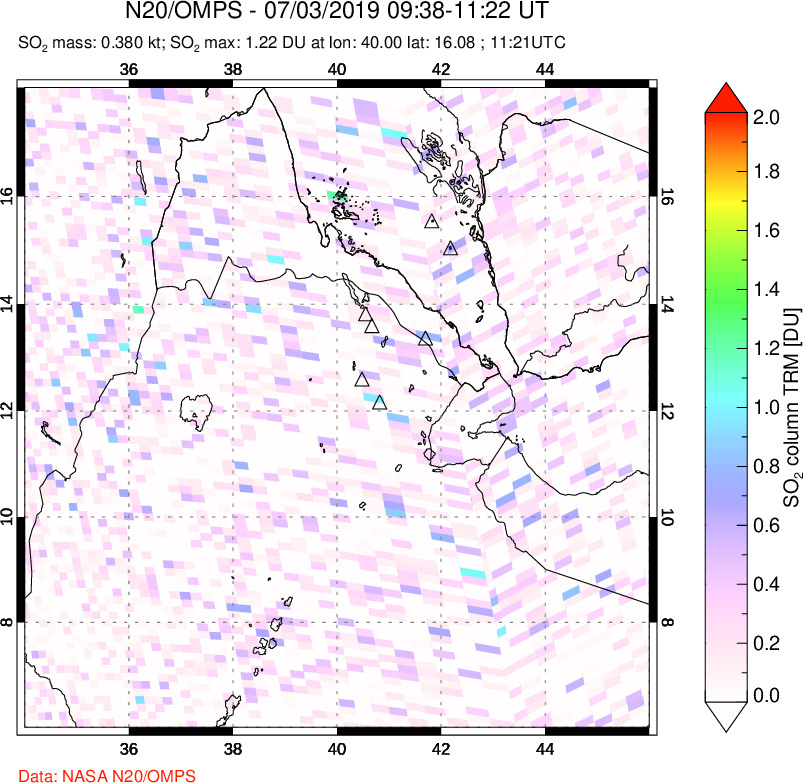 A sulfur dioxide image over Afar and southern Red Sea on Jul 03, 2019.