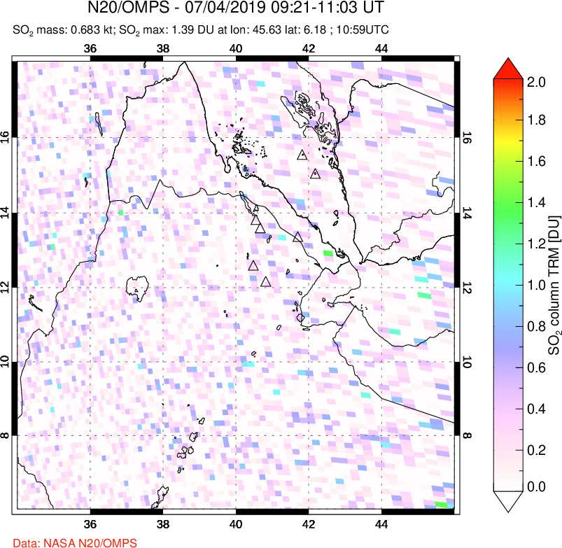 A sulfur dioxide image over Afar and southern Red Sea on Jul 04, 2019.