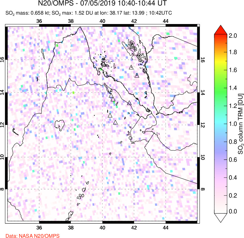 A sulfur dioxide image over Afar and southern Red Sea on Jul 05, 2019.