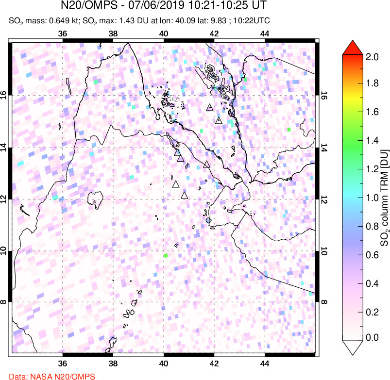 A sulfur dioxide image over Afar and southern Red Sea on Jul 06, 2019.