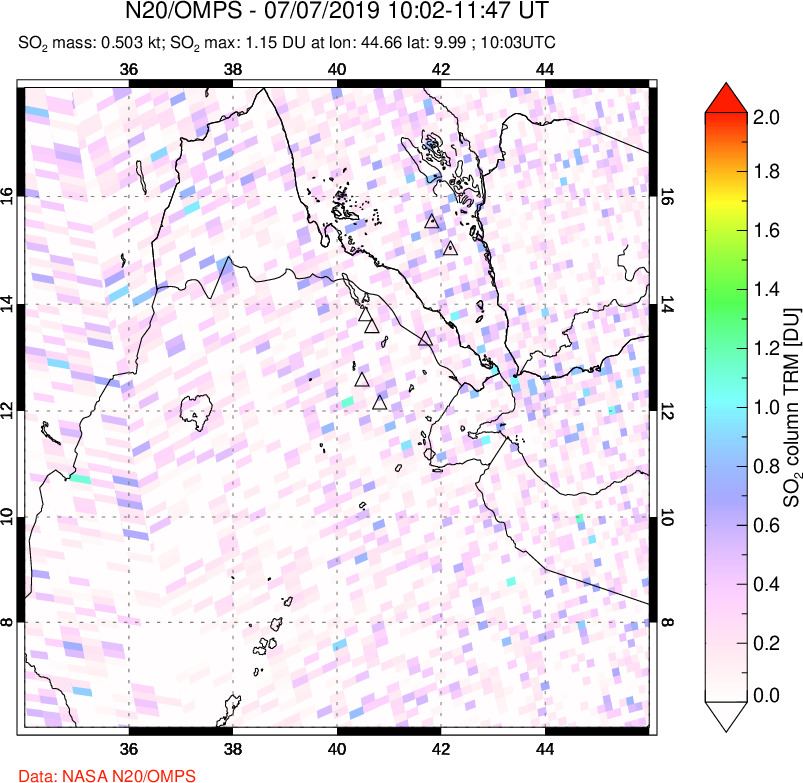 A sulfur dioxide image over Afar and southern Red Sea on Jul 07, 2019.