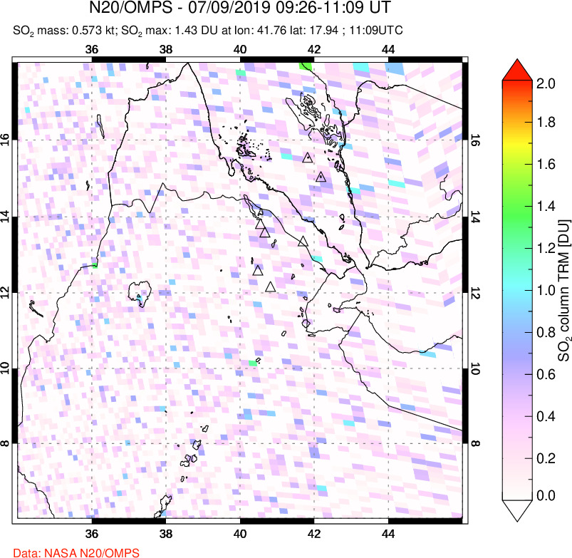 A sulfur dioxide image over Afar and southern Red Sea on Jul 09, 2019.