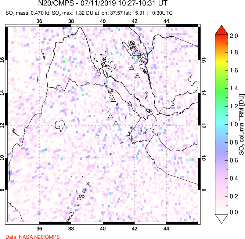 A sulfur dioxide image over Afar and southern Red Sea on Jul 11, 2019.