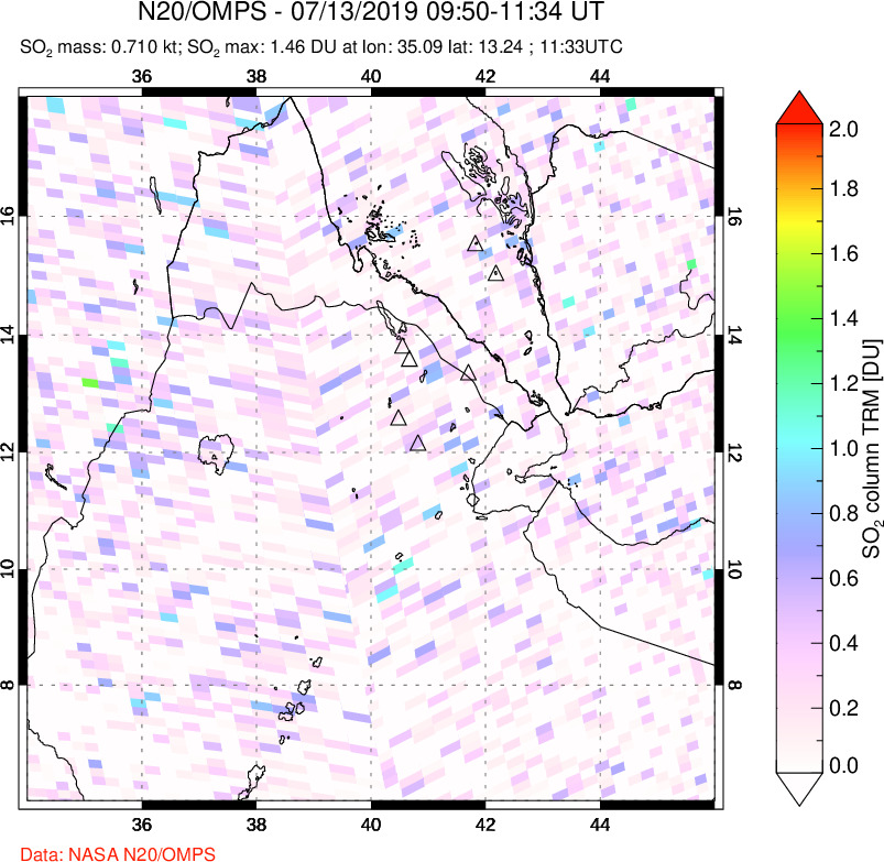 A sulfur dioxide image over Afar and southern Red Sea on Jul 13, 2019.