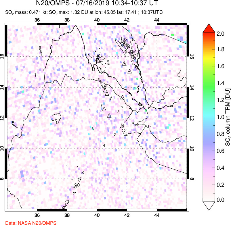 A sulfur dioxide image over Afar and southern Red Sea on Jul 16, 2019.