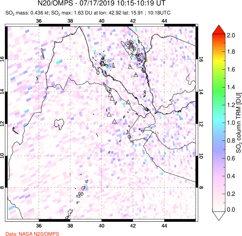 A sulfur dioxide image over Afar and southern Red Sea on Jul 17, 2019.