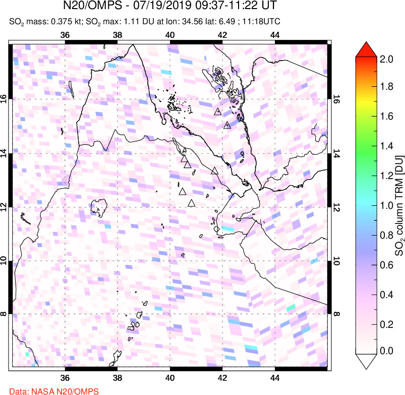 A sulfur dioxide image over Afar and southern Red Sea on Jul 19, 2019.