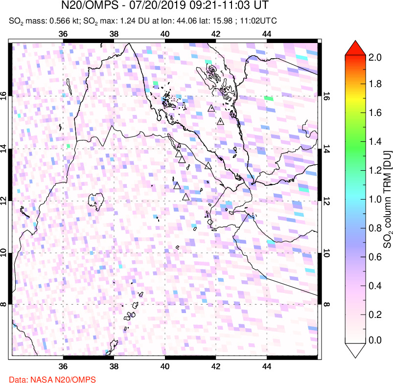 A sulfur dioxide image over Afar and southern Red Sea on Jul 20, 2019.