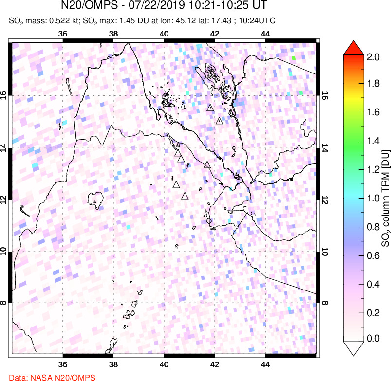 A sulfur dioxide image over Afar and southern Red Sea on Jul 22, 2019.