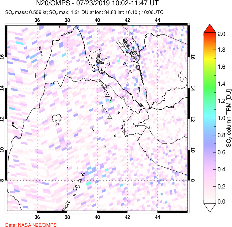 A sulfur dioxide image over Afar and southern Red Sea on Jul 23, 2019.