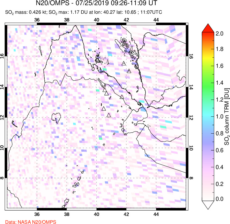 A sulfur dioxide image over Afar and southern Red Sea on Jul 25, 2019.