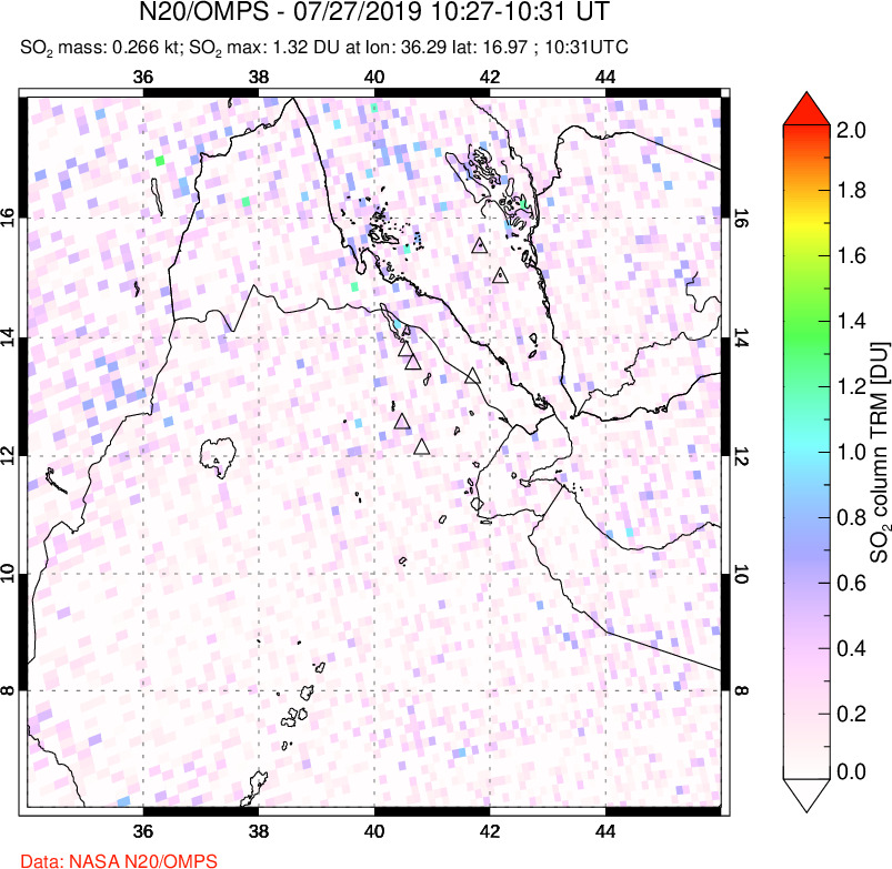 A sulfur dioxide image over Afar and southern Red Sea on Jul 27, 2019.