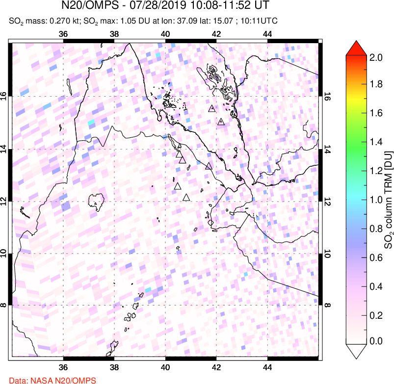 A sulfur dioxide image over Afar and southern Red Sea on Jul 28, 2019.