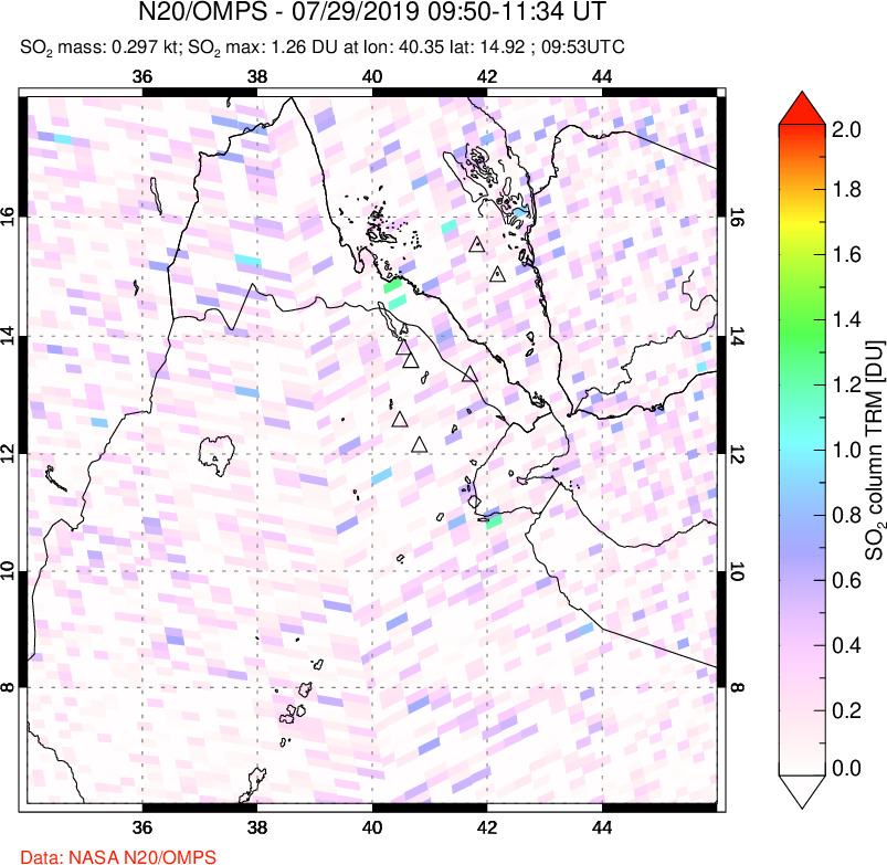 A sulfur dioxide image over Afar and southern Red Sea on Jul 29, 2019.