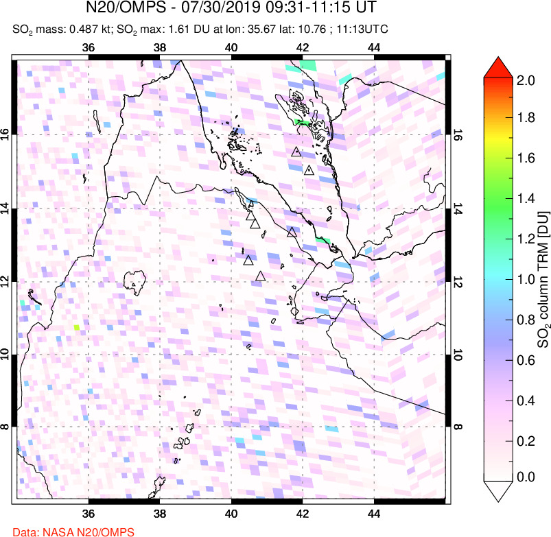 A sulfur dioxide image over Afar and southern Red Sea on Jul 30, 2019.