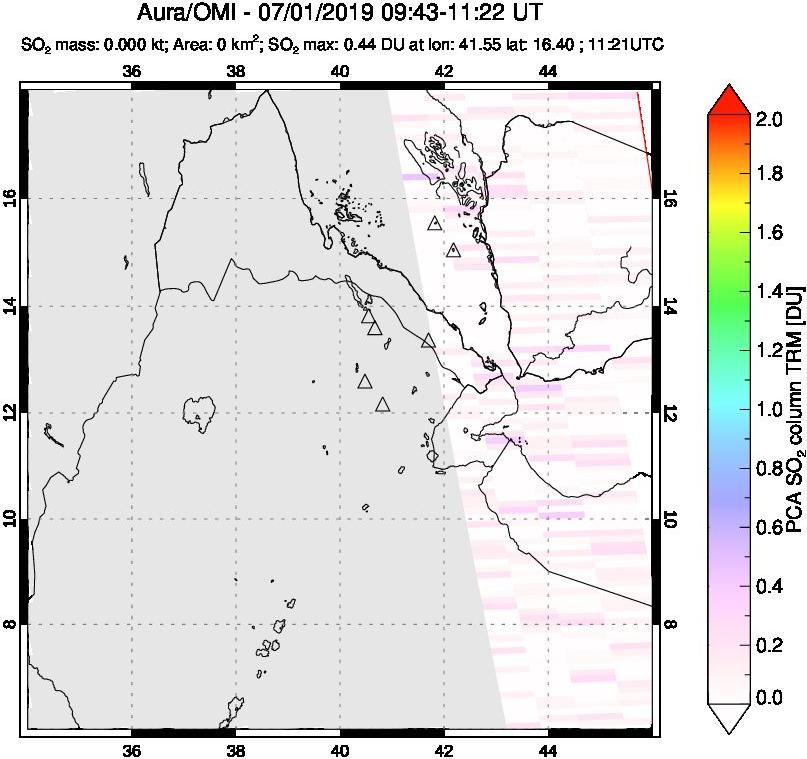 A sulfur dioxide image over Afar and southern Red Sea on Jul 01, 2019.