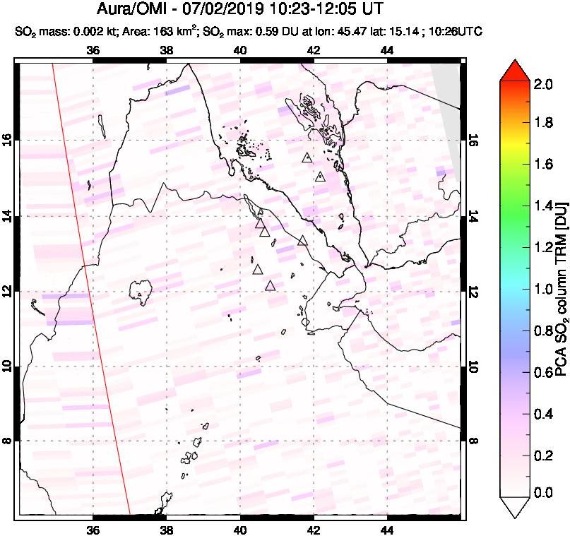 A sulfur dioxide image over Afar and southern Red Sea on Jul 02, 2019.