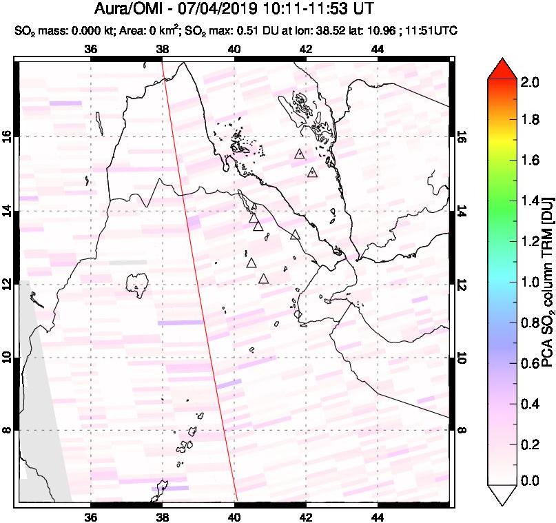 A sulfur dioxide image over Afar and southern Red Sea on Jul 04, 2019.