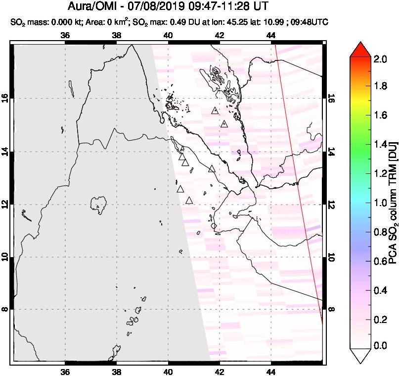 A sulfur dioxide image over Afar and southern Red Sea on Jul 08, 2019.