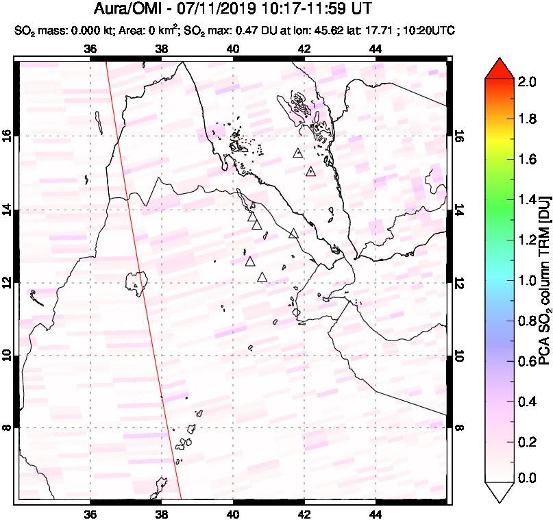 A sulfur dioxide image over Afar and southern Red Sea on Jul 11, 2019.