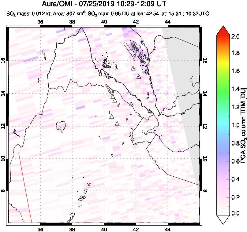 A sulfur dioxide image over Afar and southern Red Sea on Jul 25, 2019.