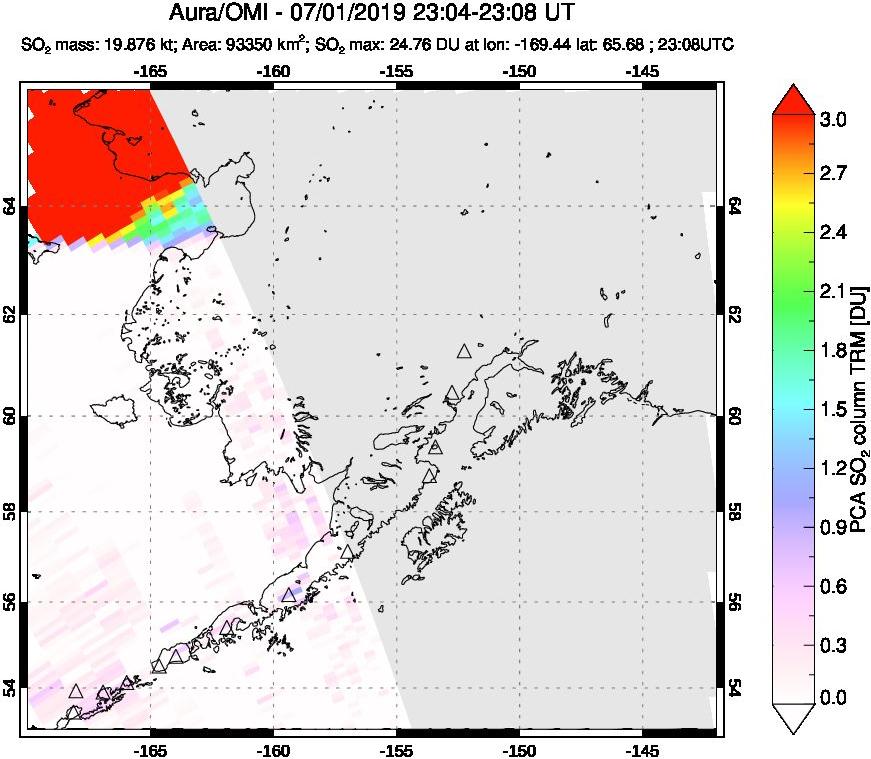 A sulfur dioxide image over Alaska, USA on Jul 01, 2019.
