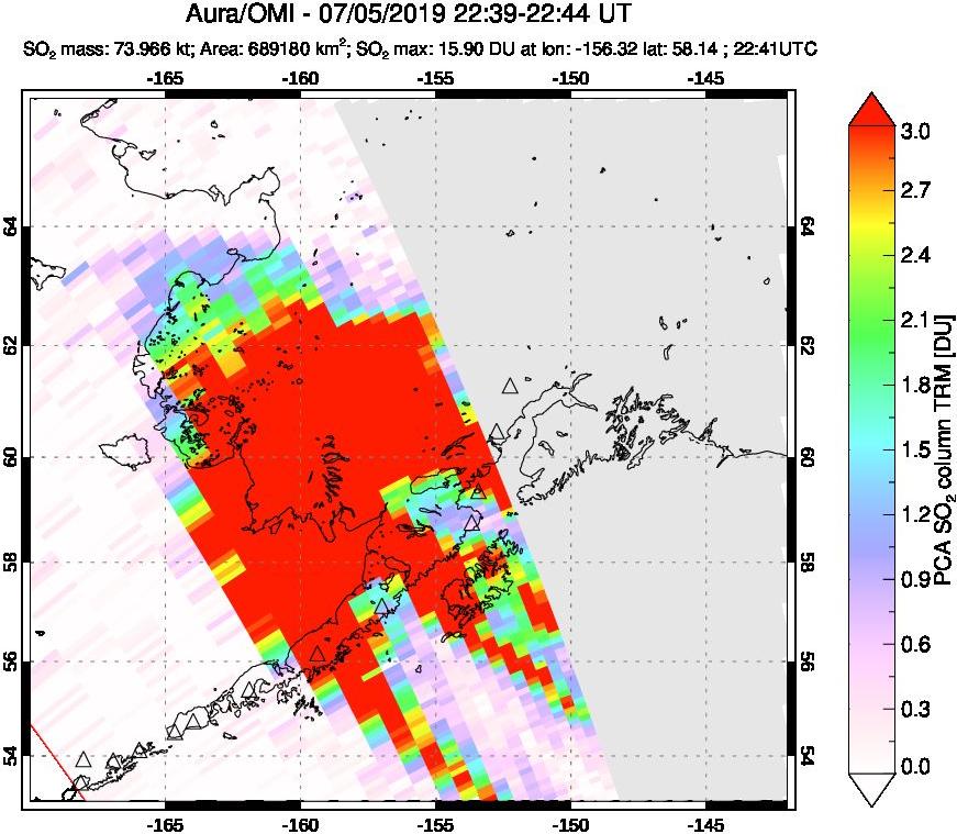 A sulfur dioxide image over Alaska, USA on Jul 05, 2019.