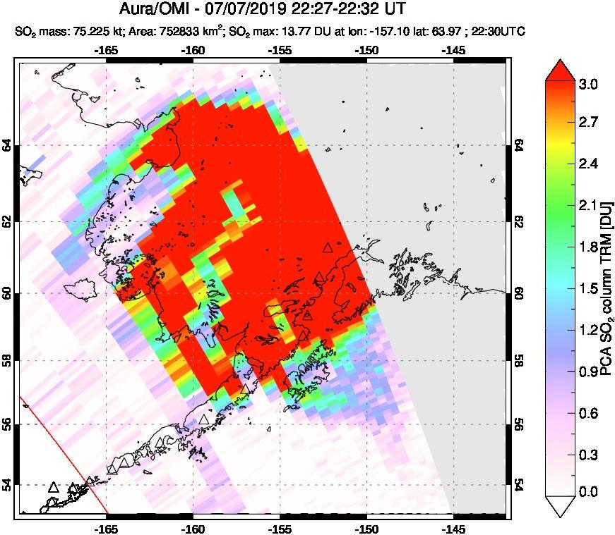 A sulfur dioxide image over Alaska, USA on Jul 07, 2019.