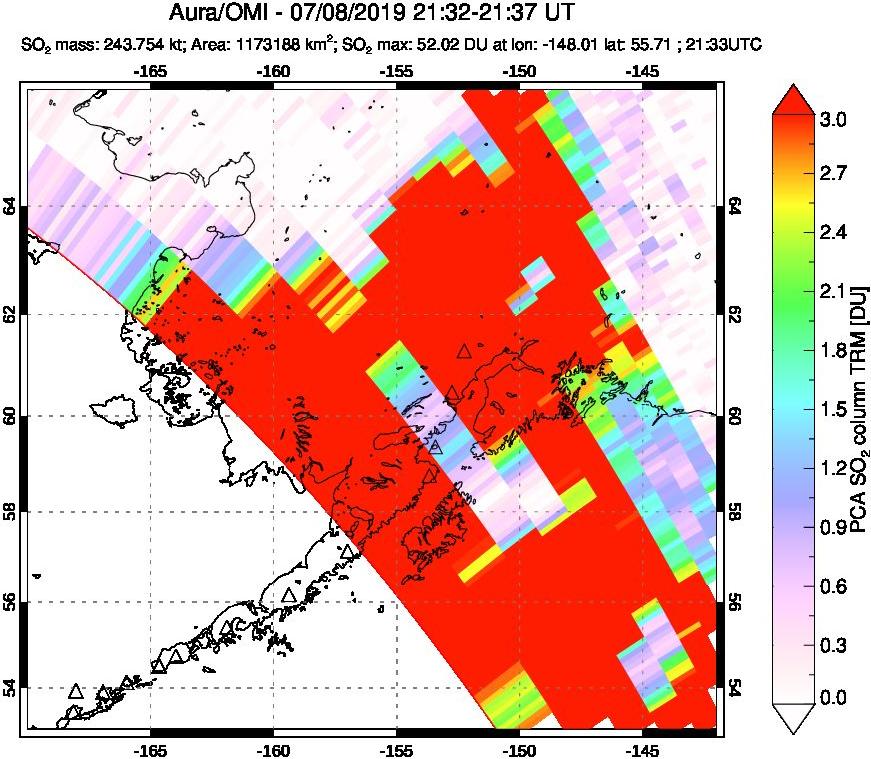 A sulfur dioxide image over Alaska, USA on Jul 08, 2019.