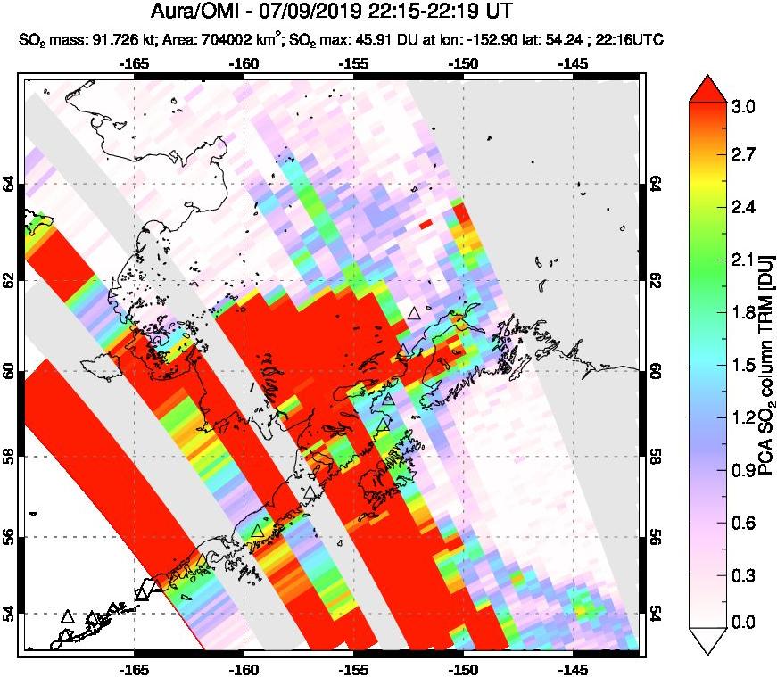 A sulfur dioxide image over Alaska, USA on Jul 09, 2019.