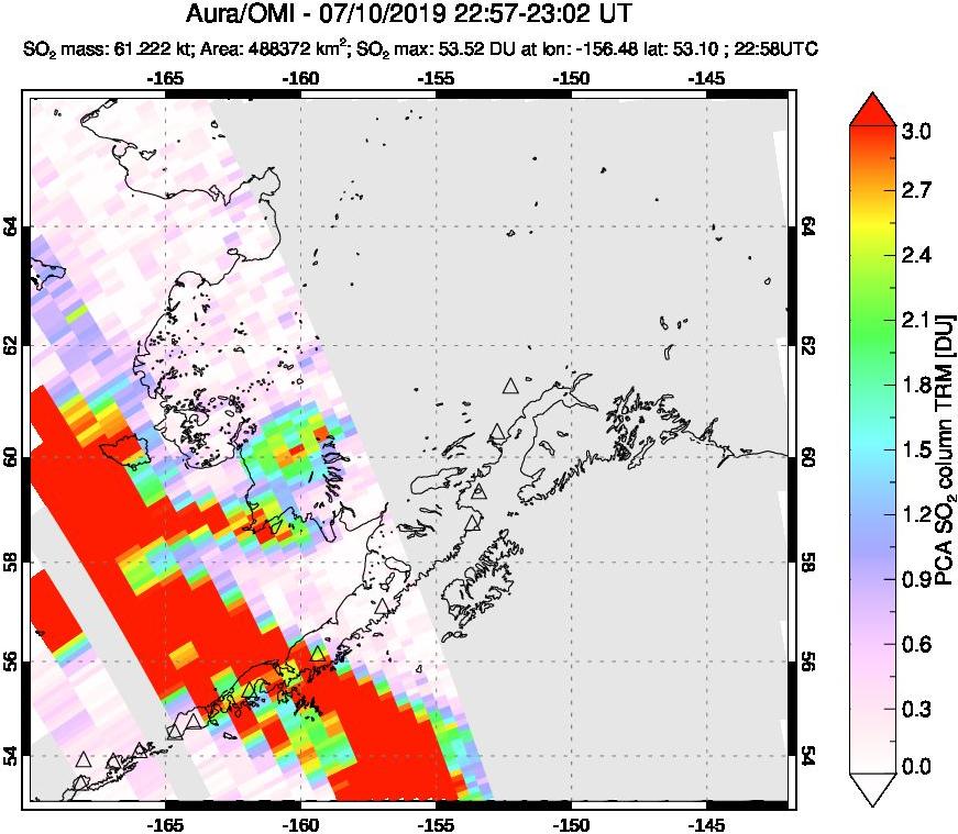 A sulfur dioxide image over Alaska, USA on Jul 10, 2019.