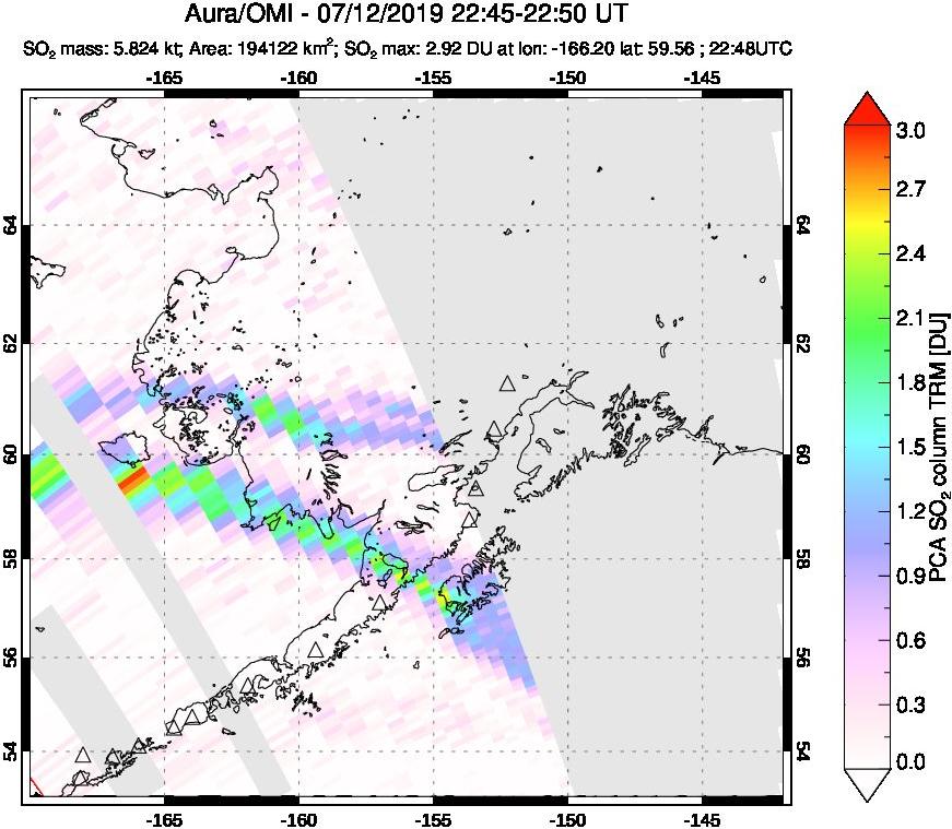 A sulfur dioxide image over Alaska, USA on Jul 12, 2019.